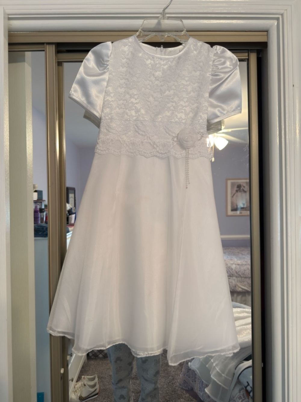White Lace & Satin Rosette Chiffon Girl Dress